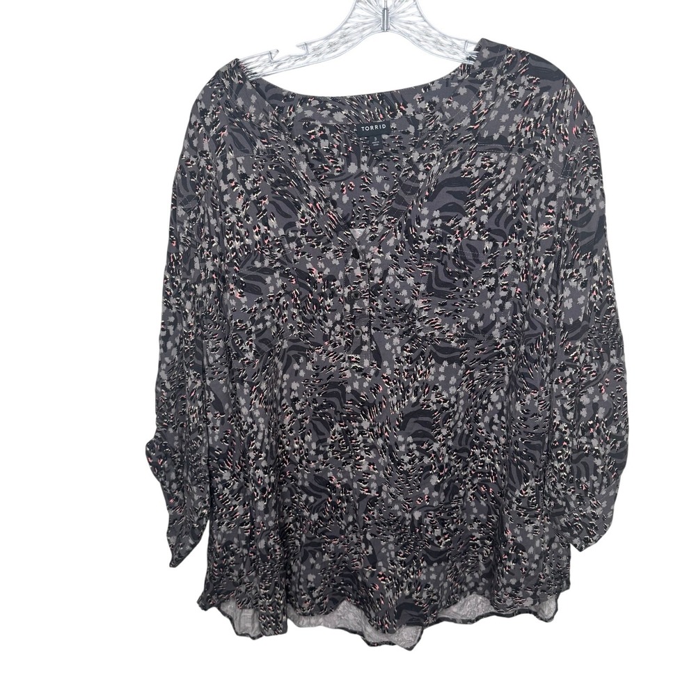 Torrid Womens 3X Black Pink Gray Abstract Print Blouse 100% Rayon Boho Peasant